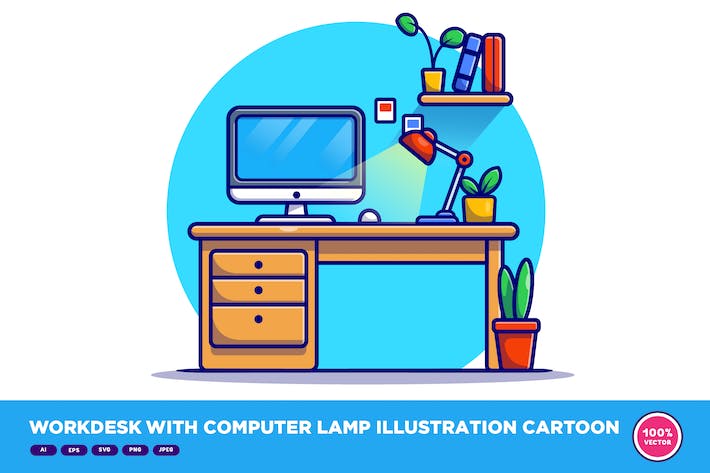 Workdesk With Computer Lamp Illustration Cartoon