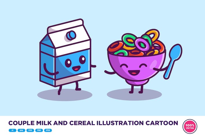 Couple Milk And Cereal Illustration Cartoon
