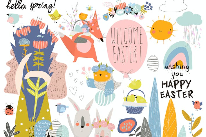 Cute cartoon animals with Easter theme. Happy East