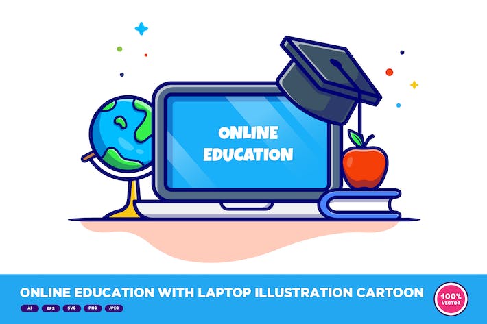 Online Education With Laptop Illustration Cartoon