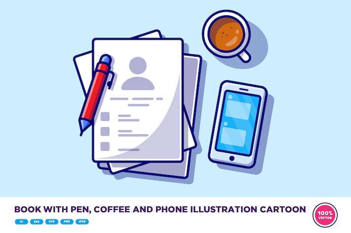 Book With Pen, Coffee And Phone Illustration